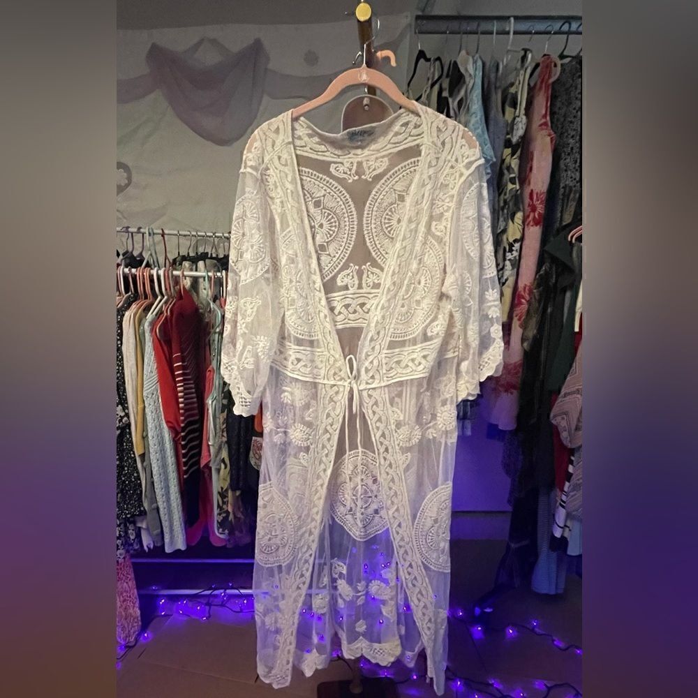 Tie Front Embroidery Mesh Kimono